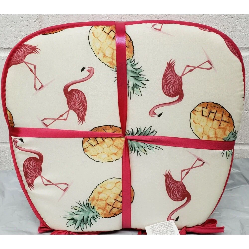 Set of 4 CHAIR PADS CUSHIONS w/ pink strings, FLAMINGOS & PINEAPPLES,15
